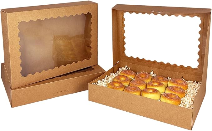 qiqee Auto-pop Up Brown Cookie Box with Window 16x10.5x2.5 Inch 24Pcs Bakery Pastry Macaron Bakery Box for Packaging