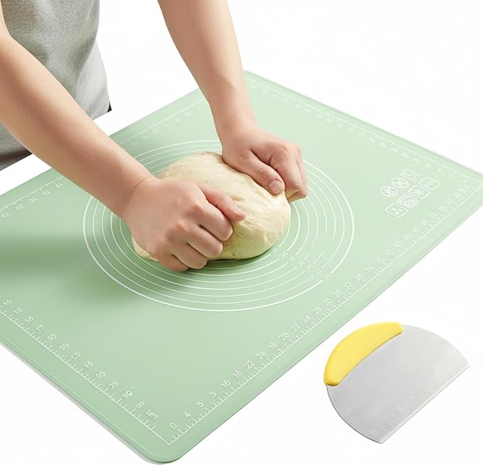 Silicone Baking Mat, 28" x 20", Extra Thick Non Slip Pastry Mat with Measurements, Food Grade Dough Rolling Mat with Raised Edge and Scraper for Bread Pizza