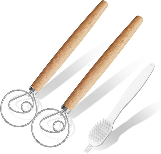 Aqdocvf 2-Pack Danish Dough Whisk, 13-Inch Dutch Whisk with Stainless Steel Ring, Dutch Bread Whisks for Sourdough, Pizza, Pastry, and Cookies, Essential Kitchen Cooking Safe Mixing Tool