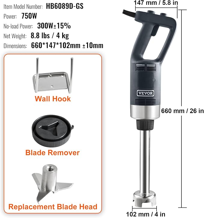 Vevor Commercial Immersion Blender, 750W, 12" Heavy Duty Hand Mixer, Variable Speed, 304 Stainless Steel Blade, Multi-Purpose