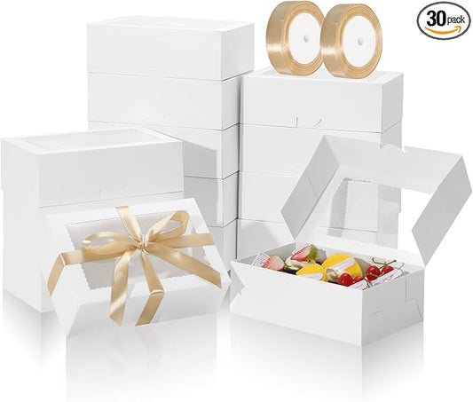 COTOPHER 30Pcs Cookie Boxes with Ribbons, 9x6x3 Inch Bakery Boxes with Window, White Treat Containers for Pastries, Chocolate Covered Strawberries, Dessert, Easter Candy, Muffins, Donuts