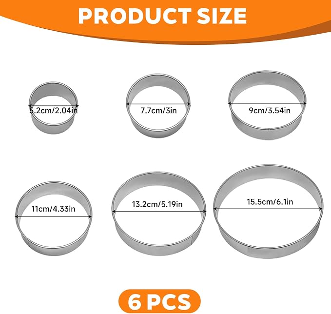 6 Pcs Stainless Steel Round Cookie Cutter Set (2, 3, 3.5, 4, 5, 6 Inch),Multi-Size Circle Cutters for Baking Biscuits, Donuts, Sandwiches & Flan,Durable Metal Biscuit Cutters for Kitchen Pastry Crafts