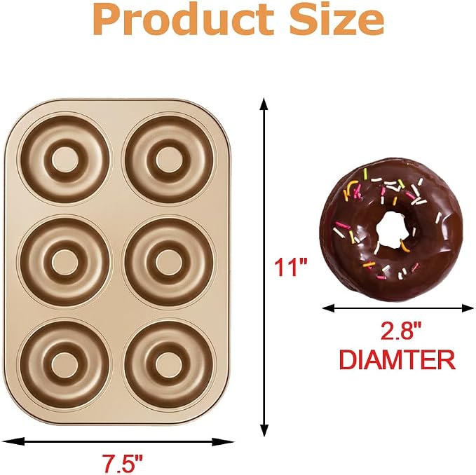 2 Pack Nonstick Donut Pan, 6 Cavity Heavy Duty Steel Mini Bagel Mold, Oven Safe Doughnut Baking Tray (Gold, 6 Cup)
