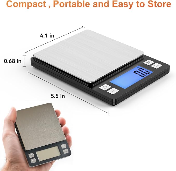 BOMATA Upgraded Small Food Scale, 0.1 g/0.001 oz High Precision, 3000 g/6.6 lb, with New Hold Function and Larger Display, USB Rechargeable, Digital Kitchen Scale for Small Item, Jewelry. Black