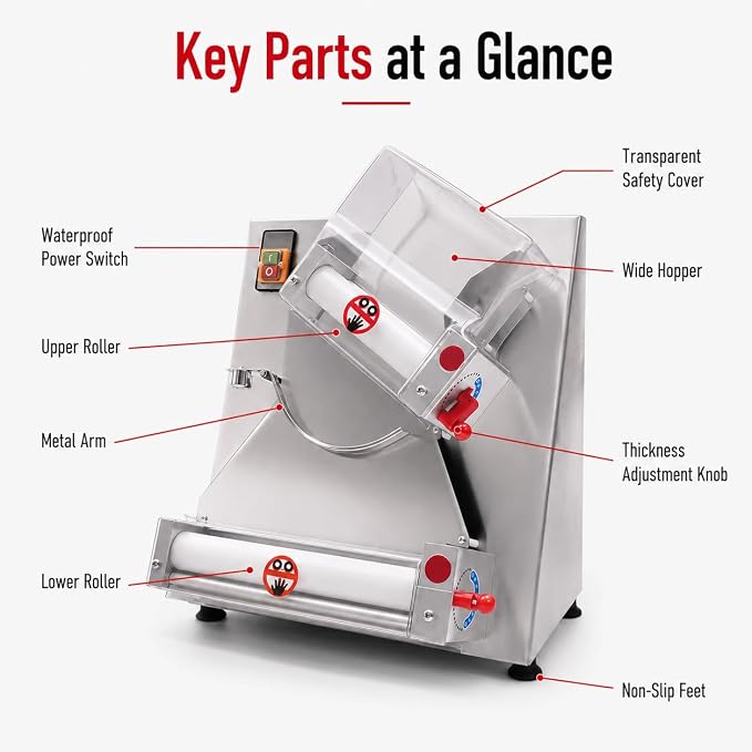 Pizza Dough Roller Sheeter, 4-12" Commercial Electric Automatic Pizza Press Making Rolling Machine, Adjustable Thickness 0.03-0.2 Inch, Stainless Steel Dough Machine for Noodle Bread & Pasta Maker