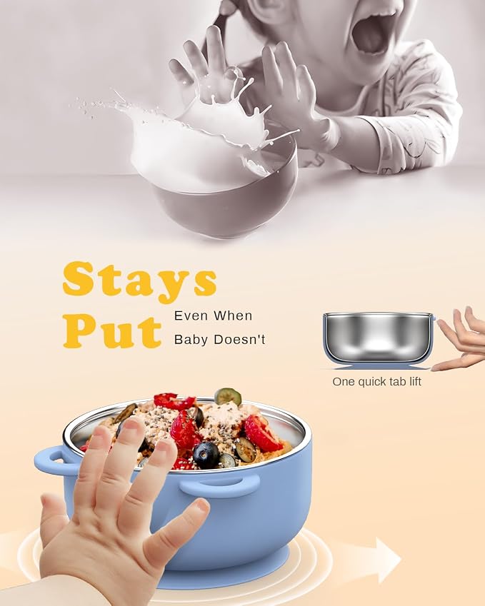 Bakpoco Baby Suction Bowls with Lids 4-Pack, 2-in-1 Stainless Steel 304 Toddler Bowl & Removable Silicone Suction Kids Bowl Plate Set Non Toxic Snack Dishes for Self-Feeding, Ocean Explorer Set
