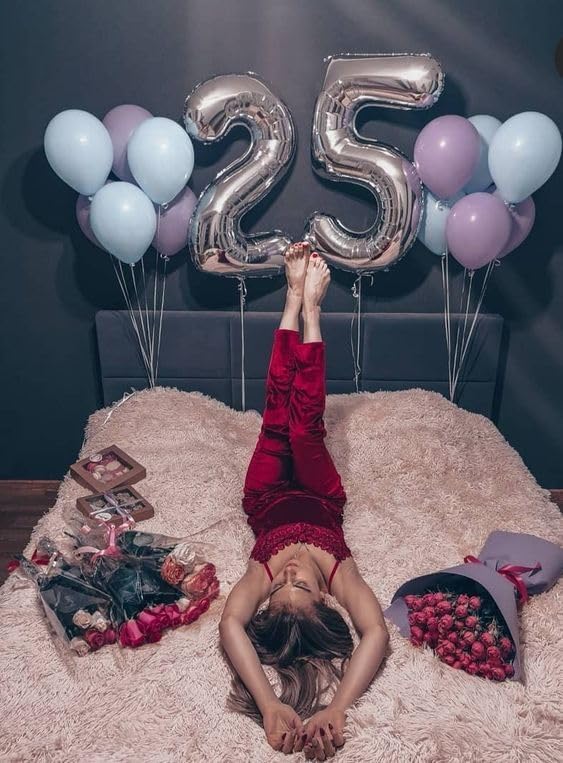 Silver Number 25 Balloon 40 inch, 25 Number Balloons, 25th Silver Birthday Decorations, 25 Year Old Women Men Silver Party Supplies