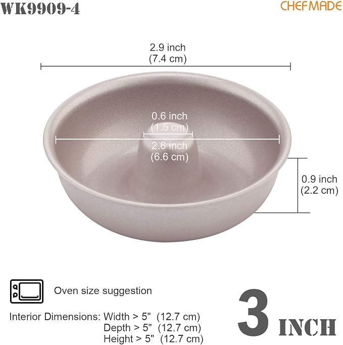 CHEFMADE Mini Donut Cake Pan Set, 3-Inch 4Pcs Non-Stick Ring Doughnut Bakeware for Oven and Instant Pot Baking (Champagne Gold)