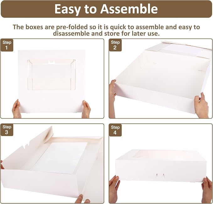 Moretoes 10pcs 19x14x4in Half Sheet Cake Boxes with Window, White Cookie Boxes, for Pastry Baking Cake Donuts Cupcake Pie Packaging, Auto-Popup
