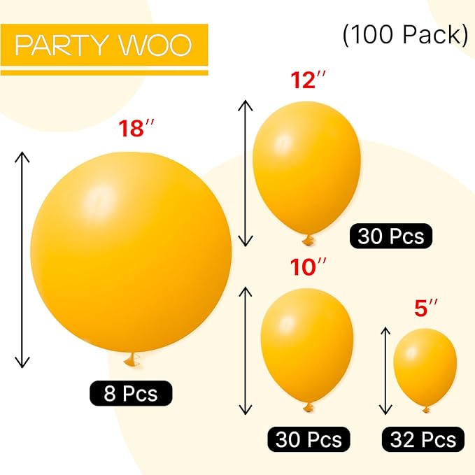 PartyWoo Mustard Yellow Balloons 100pcs Different Sizes of 18 12 10 5 Inch Yellow Fall Balloon Arch Kit for Birthday Engagement Baby Shower Bee Sunflower Little Cutie Party Decorations Yellow-Y10
