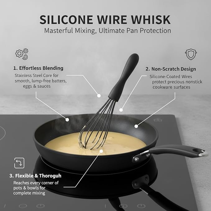 Silicone-Coated Wire Whisk with Stainless Steel Core, 10.2 Inch Egg Beater for Nonstick Cookware
