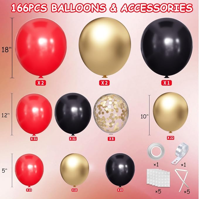 MEBAY Red Black Gold Balloons Arch Kit with Gold Confetti, 166Pcs Red Gold Black Balloons Garland for Birthday Wedding Anniversary Movie Casino Night Hollywood New Years Festival Decorations