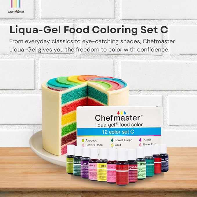 Chefmaster - Liqua-Gel Food Coloring - 12 Color Set C - Fade Resistant - 12 Pack - Vibrant, Eye-Catching Colors, Easy-To-Blend Formula - Made in the USA