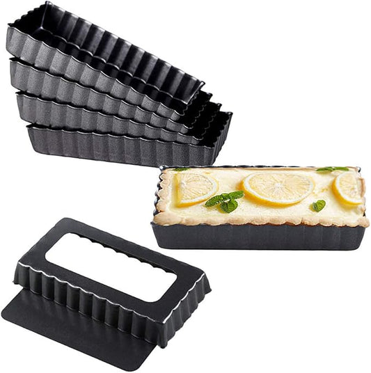 6Pcs Mini Tart Pan 4-Inch with Removable Bottom, Non Stick Carbon Steel Miniature Cupcake Molds Baking Pan for Pies, Cheese Cakes, Desserts, Quiche Pan (Rectangle) | Non Stick, Carbon Steel, For Pies, Cheese Cakes, Desserts