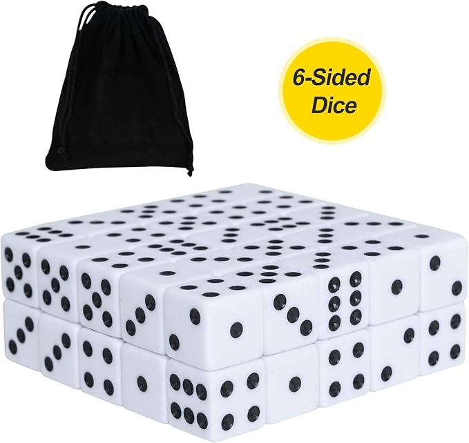 100 Pack 16MM White Dice - Six Sided Standard Opaque | Black Pips Dots, For Board Games, Group Event, Teaching Math
