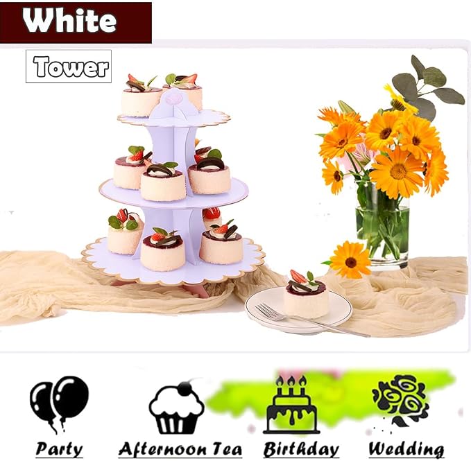 MRPAPA White Cardboard Cupcake Stand ,3 Tiered Cupcake Tower Party Cake Stand Tray, Easy Assemble Dessert Holder fit for Party , Wedding, Afternoon Tea, Birthday (Set of 3)