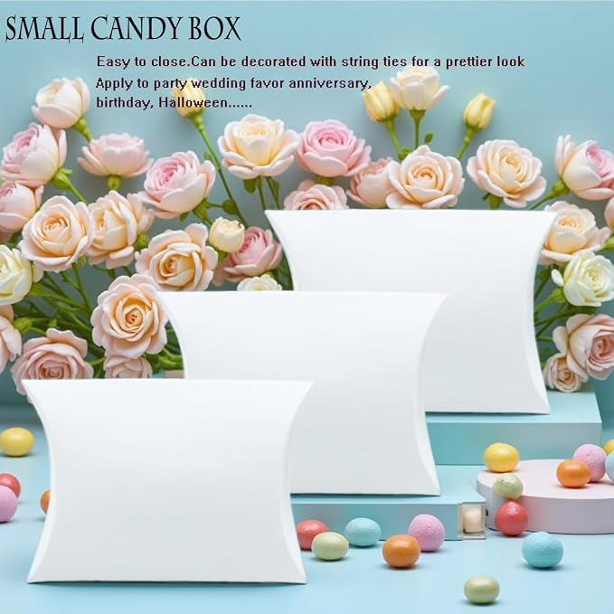 50 Pcs Kraft Paper Pillow Gift Boxes,3.5x2.6 Inch Mini Folding Treat Boxes, Creative Favor Box Folding Treat Boxes for Bakery, Candy, Jewelry, Wedding & Party Favors((White-1)