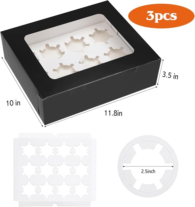 Moretoes 3PCS Cupcake Boxes with Window,Hold 12 Count Cupcake Containers for Birthday,Graduation, Party Decorations(Black)