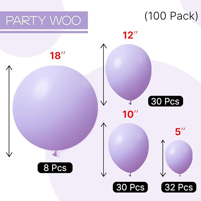 PartyWoo Lavender Balloons 100pcs Different Sizes Pack of 18 12 10 5 Inch Light Pastel Purple Lilac Balloon Arch Kit for Baby Shower Bachelorette Fairy Birthday Princess Party Decorations Purple-Q10