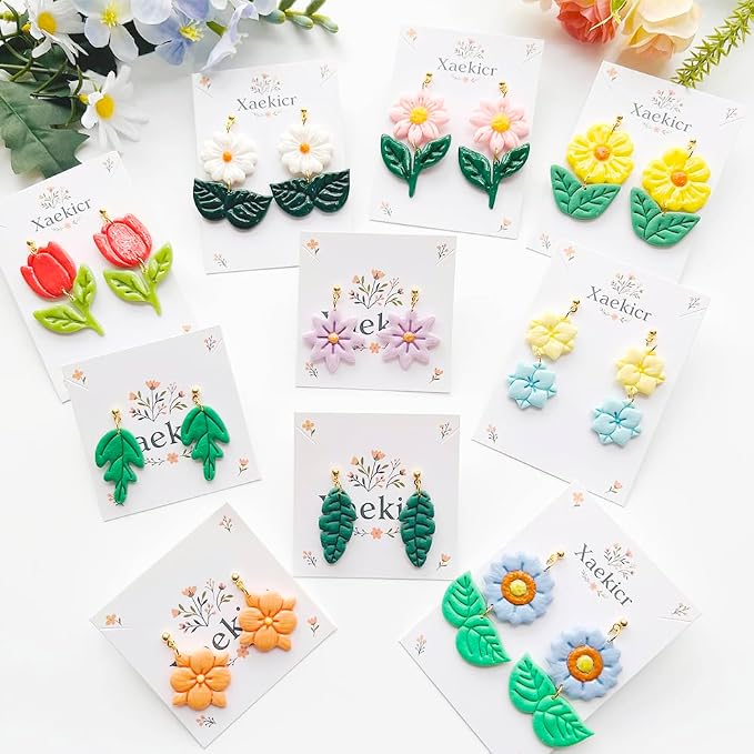 Flower & Leaf Polymer Clay Cutters Set - Daisy, Tulip, Cherry Blossom, Sunflower & Leaf Shapes for DIY Earring Jewelry Making, Soft Clay Crafts, Scrapbooking & Gift Toppers