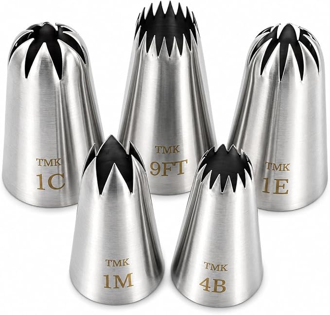 5 Pack Stainless Steel Seamless Piping Icing Tips #9FT 1C 1E 1M 4B, Large Star Piping Nozzle, Cake Decorating Tools for Baker