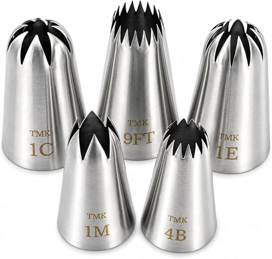 5 Pack Stainless Steel Seamless Piping Icing Tips #9FT 1C 1E 1M 4B, Large Star Piping Nozzle, Cake Decorating Tools for Baker
