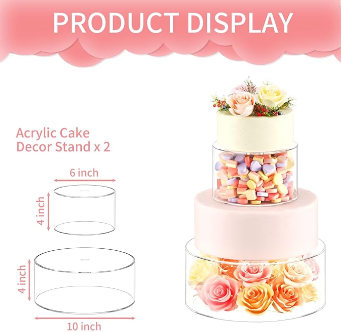 NPPLUS 2PCS Acrylic Fillable Cake Stand Cake Riser Cake Tier, Round Cylinder Display Riser Display Box, Decorative Centerpiece for Wedding Birthday Party (10" Dx4 H inch, 6" Dx4 H inch)