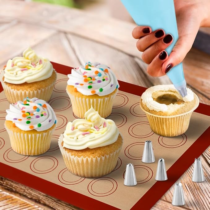 16Pcs Macaron Silicone Baking Mats Kit, Reusable Nonstick Macarons Baking Supplies Silicone Bakeware Mats with Baking Tools for Oven, Cookie, Bread(Brown,Size:16.5x11.6inch)