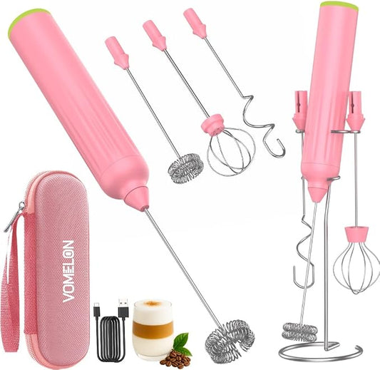 Milk Frother Handheld with 3 Stainless Steel Whisks, Rechargeable Electric Drink Mixer with Stand & Travel Case, Milk Foamer for Coffee, Latte, Cappuccino, Hot Chocolate, Egg,Jam Supplement-Pink