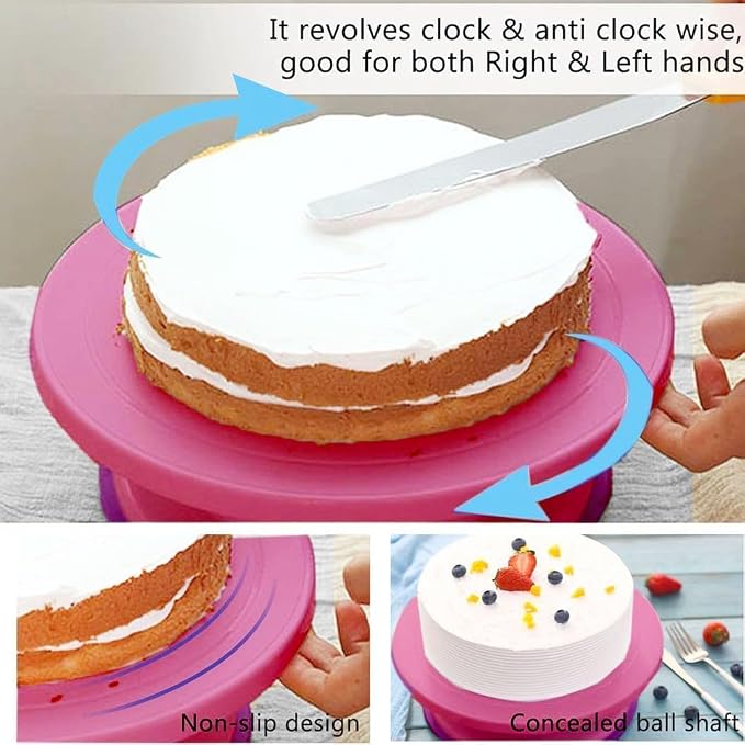 11 Inch Cake Turntable, Rotating Cake Stand for Decorating, Plastic, Lightweight, Reusable, for Pastries and Cupcakes(Pink)