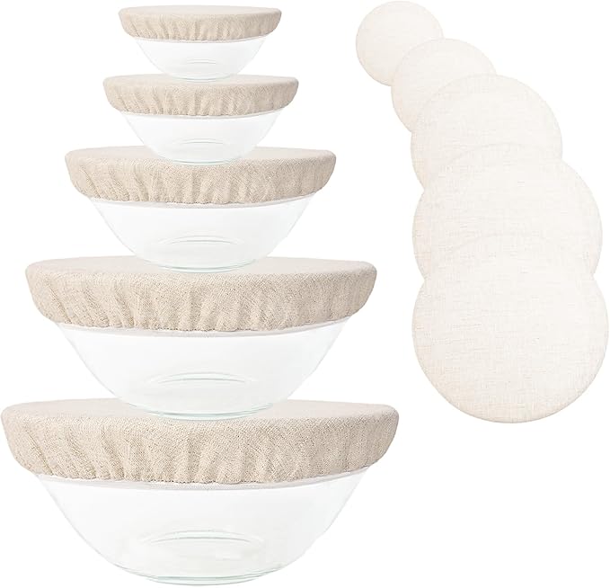 5 Pack Reusable Bowl Covers for Bread Proofing, 100% Pure Linen Bowl Covers 4/6/8/10/12 Inch, Elastic Lids for Sourdough, Dough Proofing and Food Storage