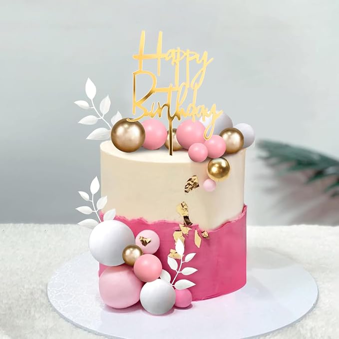Pink Balls Cake Topper Boho Grass Cake Topper Pink White Gold Pearl Balls Happy Birthday Cake Decorations for Wedding Birthday Boho Themed Supplies (Pink)