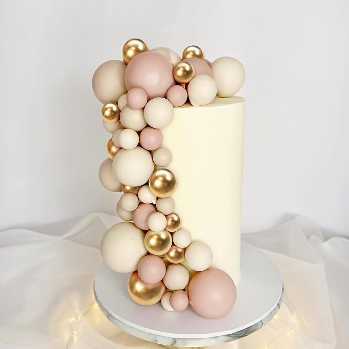 32 PCS Colorful Ball Shaped Cake Topper Pearl Balls Cupcake Cake Insert Topper for Birthday Party Wedding Decoration Supplies (Apricot Gold Light Brown)