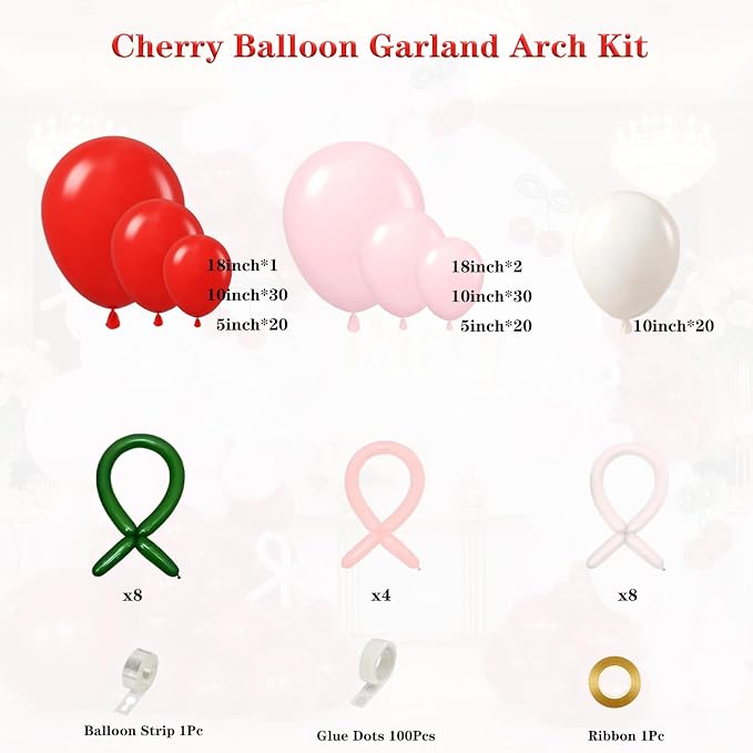 Red Cherry Balloon Garland Arch Kit, 143 Pcs Bow Pastel Pink and White Balloons for Cherry Themed Birthday Party Bridal Shower Wedding Galentine's Valentines Day Decorations