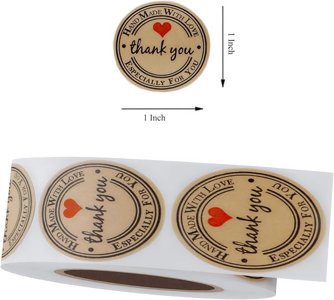 1000PCS Hand Made with Love Stickers,1 Inch Small Round Thank You Red Heart Baking Stickers Label Bakery Sticker for Baked Goods Packaging Jam, Jelly Jar Canning Bottles,Cookie Bags (Brown)..