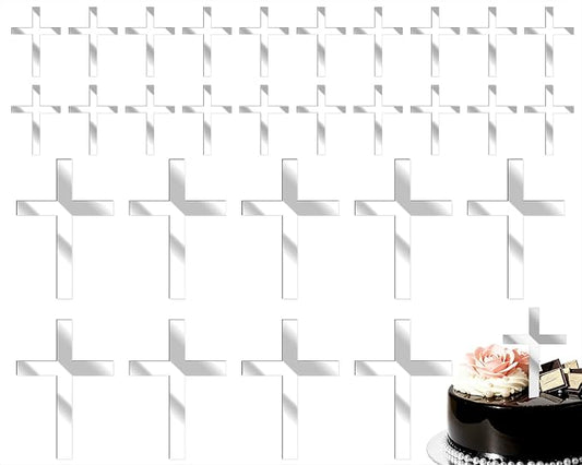 ONLYKXY 30pcs Silver Cross Cake Side Decor Reusable Mirror Acrylic Cupcake Topper Glitter Pick for Theme Party Craft DIY,Bless,Wedding,Bridal Shower,Christmas,Hallowmas,Birthday Baptism (2in & 4in)