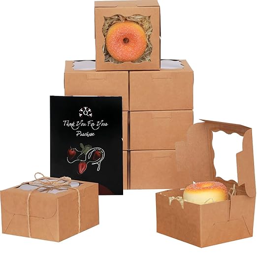 qiqee Bakery Box with Window 4*4*2.5inch/100Packs Brown Macaron Boxes Small Donut Pastry Boxes for Party Mini Cookie Boxes(5 Diferent Gift Include)