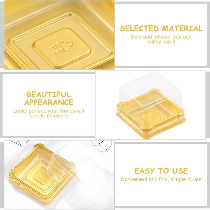 EchoDone 50 Set Clear Square Plastic Mini Cupcake Boxes (Gold) | Candy Muffin Square Mooncake Box Single Container Wedding Birthday Gift Box