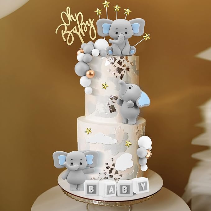 Yinder Bear Cake Toppers Mini Bear Cake Decorations Cake Toppers Gold White Pearl Ball for Birthday Party Decorations(Gray,Elephant Style)