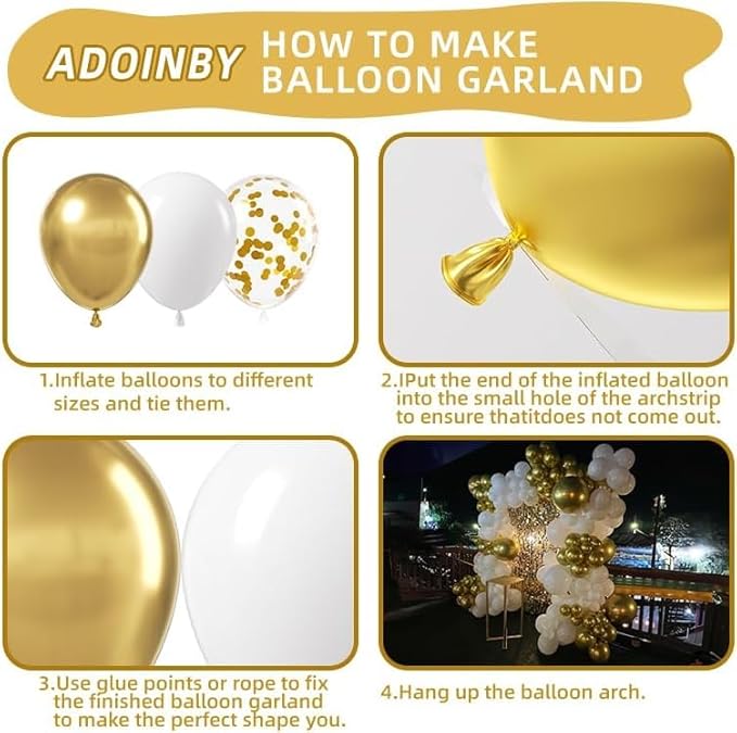 White and Gold Balloon Arch Kit, 146Pcs Explosion Star White Metallic Gold Latex Balloon Garland kit, 22 18 12 10 5 Inch Different Size Balloons for Anniversary Birthday Engagements Party Decorations