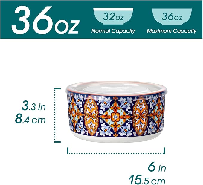 vancasso 36 oz Ceramic Bowls with Lids Set of 4, 6 Inch Food Storage Containers & Prep Bowls for Leftovers, Soup, Cereal, Meal Prep, Office Lunch, Microwave & Dishwasher Safe, Series SIMI