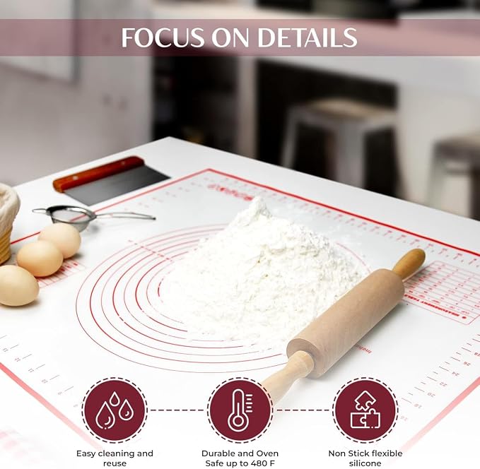 2 Pack Silicone Baking Mat Extra Large (19'x27') with Measurement Indicators, Non-Slip, Pastry Mat Sheet for Dough Pie Crust Rolling Mats for Making Cookies, Macarons, Bread, Baking Supplies