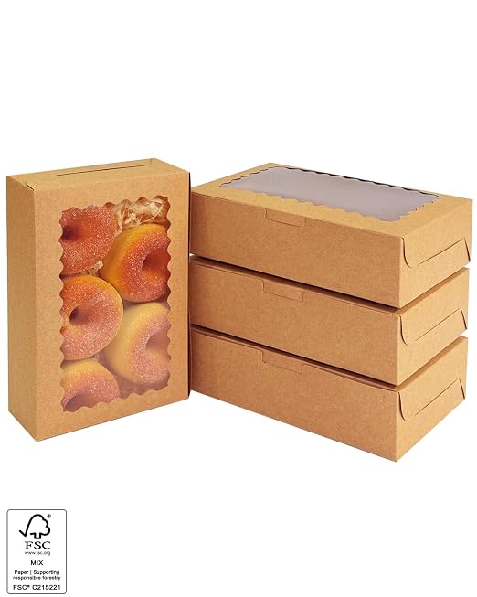 qiqee 100Pcs Brown Cookie Box with Window 9"x6"x2.5" Pastry Macaron Bakery Box for Packaging
