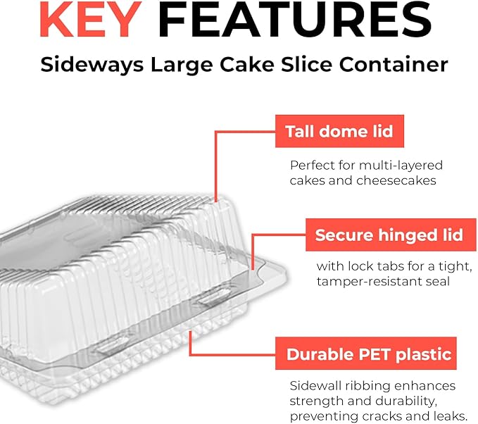 Sideways Cake Slice Containers with Hinged Lids – 30 Pack, Clear Disposable Plastic Dessert Slice Boxes, Leak-Resistant & Stackable – Ideal for Cake, Cheesecake, Pie, Bakery & Party Use
