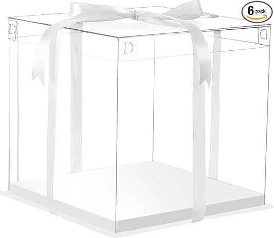 XININSUN 6Pcs Tall Cake Boxes Clear cake Box with Ribbon, 12x12x 10inch,Ideal for Large 10" and 12" Inch Tall Layer Tiered Cakes and Clear Gift Boxes for Wedding Party and Gift Display - White