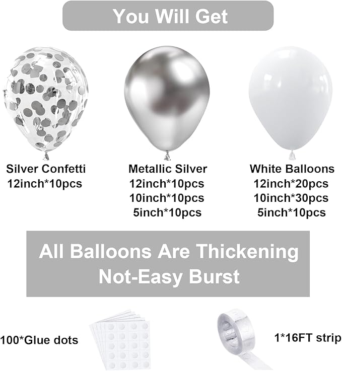 Bezente White Silver Balloon Garland Kit,100Pcs White Silver Metallic Chrome and Silver Confetti Balloons with Balloon Tape for Winter Wonderland Wedding Prom Special Events Party Winter Decor