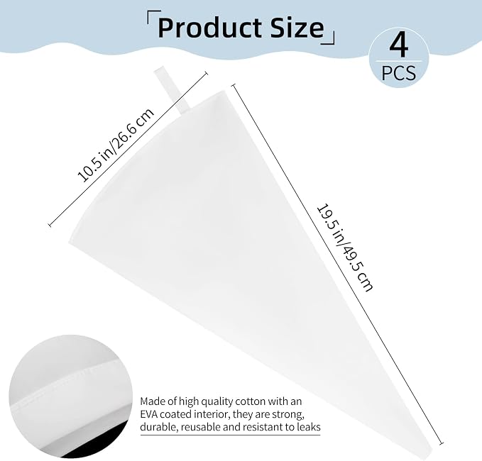 4 Pack 20 Inch Large Reusable Piping Bags,Cotton Cloth Pastry Bags with Plastic Coating, Professional Tipless Icing Bags for Cake Decorating Cupcakes Cookies Desserts and Baking Supplies
