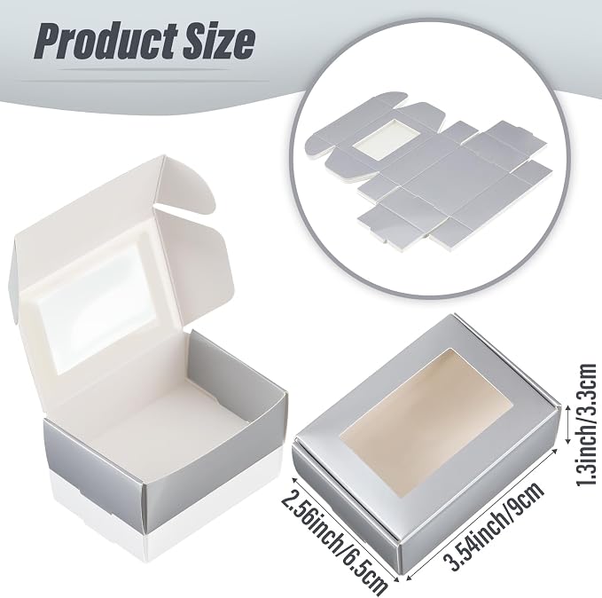 Zonon 30 Pcs Soap Boxes for Homemade Packaging, Mini Kraft Boxes with Window for Bakery Candy Soap Making Gift Packaging, 3.7x2.6x1.4 Inch (Silver)