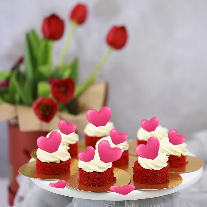 44PCS Edible Valentines Day 3d Heart Cupcake Toppers Rose Pink Heart Cupcake Picks Happy Valentine's Day Heart Cake Decor for Valentine's Day Theme Party Decoration Supplies