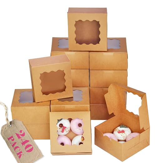 Bakepacker 240pcs Brown Cookie Boxes 6x6x3 inches Easy Assemble Macaroon Pastry Boxes Bakery Boxes with Window for Bakery